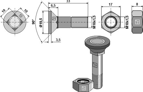 IHOF Pflugschraube M10x1,5x33 und Sechskantmutter