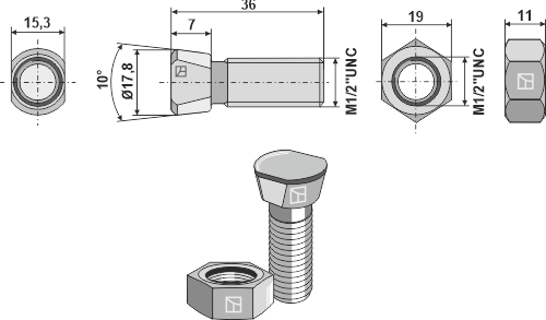 IHOF Scharschraube 1/2''UNCx36 mit Sechskantmutter