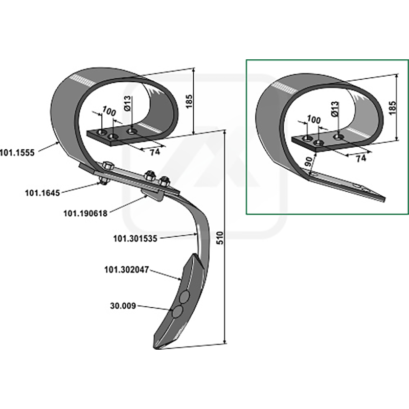 Landwirtschaft Bodenbearbeitung Grubber Schare & Leitbleche Blattfederzinken kpl. mit Schar Samson