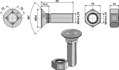IHOF Pflugschraube DIN608 M12x1,75x60 und Sechskantmutter