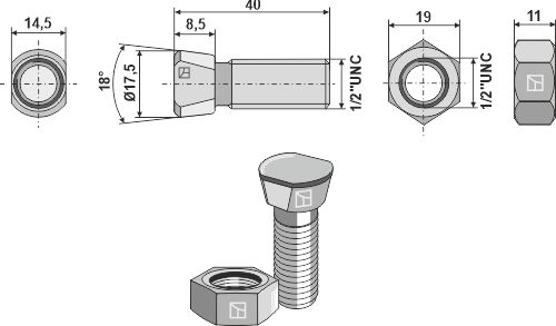 IHOF Scharschraube 1/2''UNCx40 mit Sechskantmutter