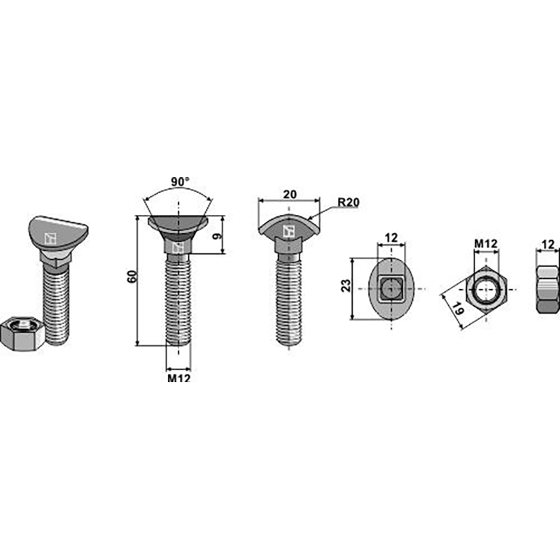 Landwirtschaft Bodenbearbeitung Grubber Schare & Leitbleche Planetschraube - M12x60 - 8.8