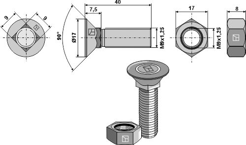 IHOF Pflugschraube DIN608 M9x1,25x40 und Sechskantmutter