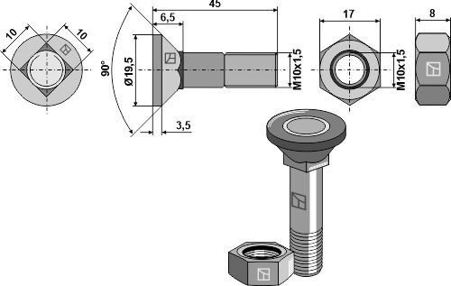 IHOF Pflugschraube M10x1,5x45 und Sechskantmutter