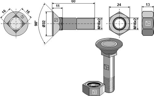 IHOF Pflugschraube M16x2x60 und Sechskantmutter