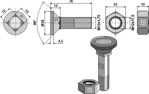 IHOF Pflugschraube M12x1,75x36 und Sechskantmutter