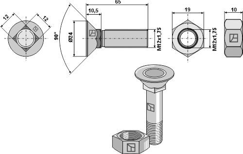 IHOF Pflugschraube M12x1,75x65 und Sechskantmutter