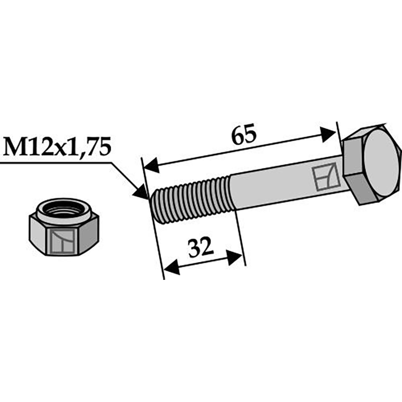 Landwirtschaft Bodenbearbeitung Grubber Schare & Leitbleche Schraube mit Sicherungsmutter - M12x1,75 - 10.9