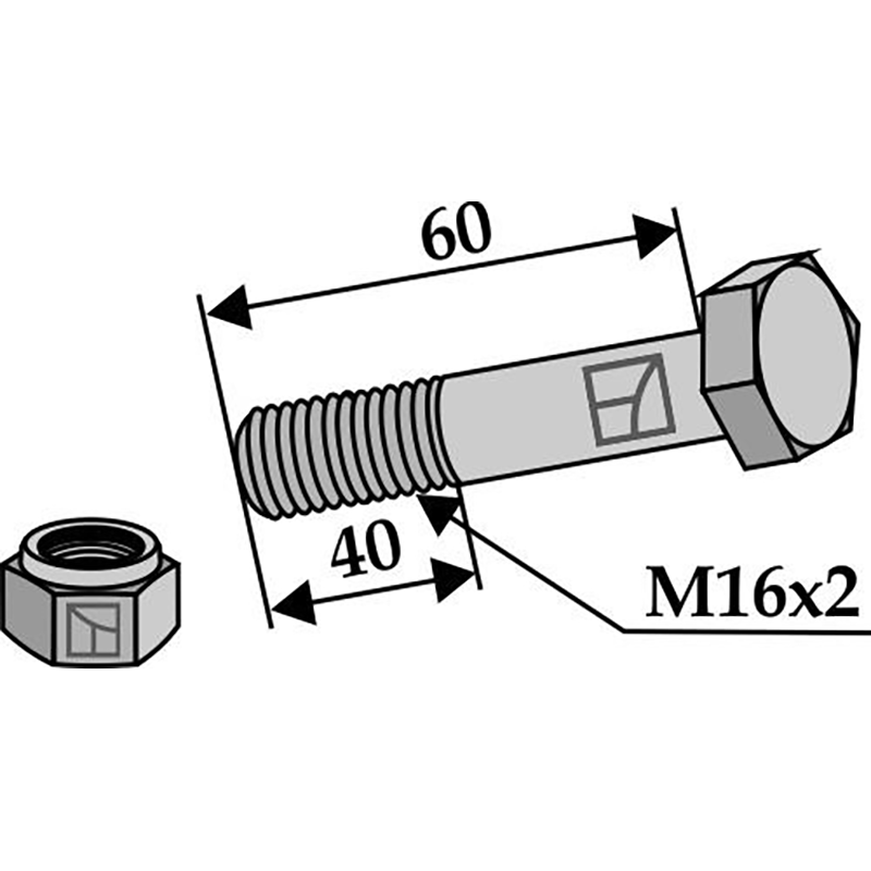 Landwirtschaft Bodenbearbeitung Grubber Schare & Leitbleche Schraube mit Sicherungsmutter - M16 x 2 - 10.9